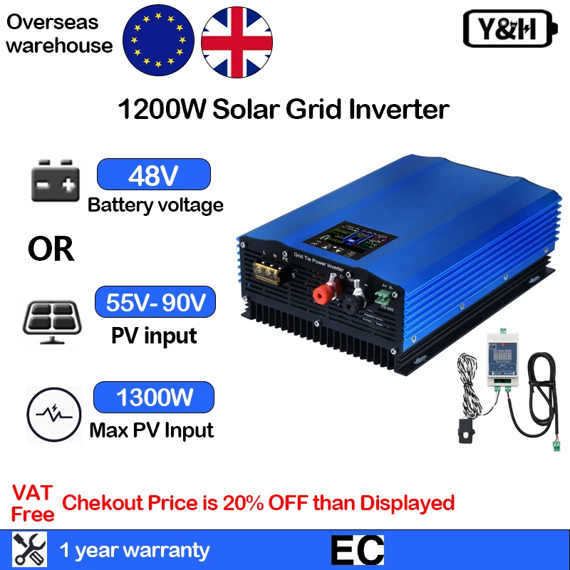 Y&H MPPT 1200W Grid Solar Inverter with limiter LCD Display PV DC 55-90V AC 220V Pure Sine Wave 48V Battery Adjustable Power