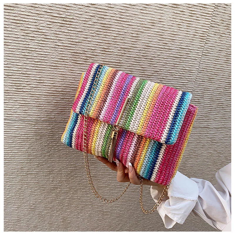 

Bohemia Rainbow Weave Handbags For Women Retro Ethnic Style Underarm Bags Metal Chain Shoulder Bags Ladies Daily Shopping Bag