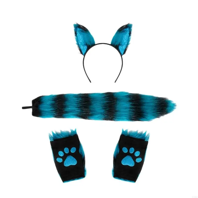 Q0KE Accessori per costumi da volpe, fascia per orecchie animali, coda guanti in peluche per bambina, cosplay Natale,