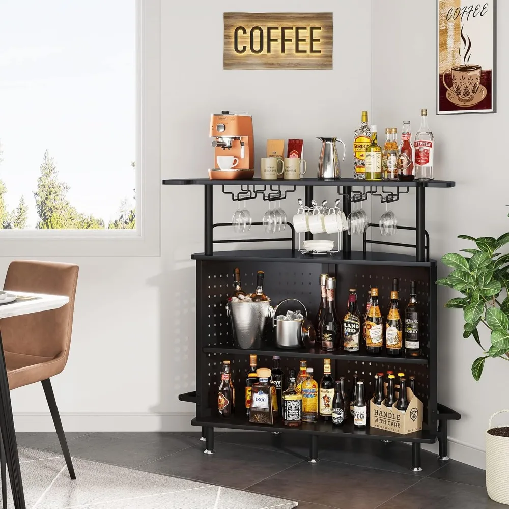 

Smart LED Bar Table, 3-Tier Liquor Bar Unit with RGB Lights, Wine Glasses Holder and, Alcohol Bar Cabinet with Mesh & Footrest