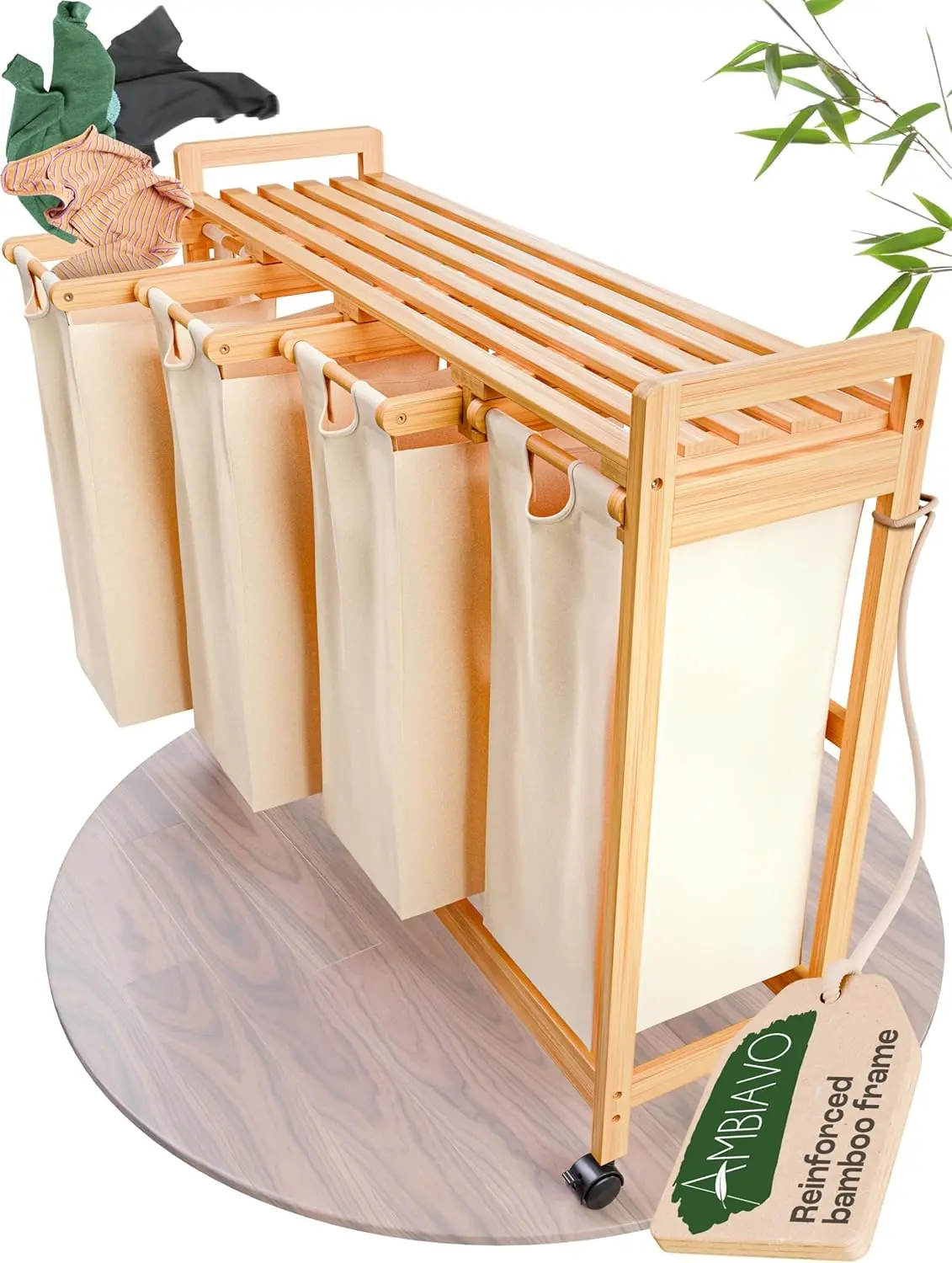 

Laundry Sorter with 4 Sections beige, Hamper with Removable Cotton Bags & Wheels – Perfect Laundry Organizer - Eco