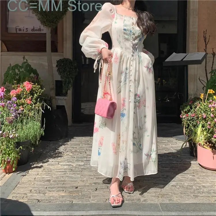 

New Print Midi Dresses for Women Fairycore Square Collar Long Sleeve Vintage Dress Fashion Elegant Party Dresses