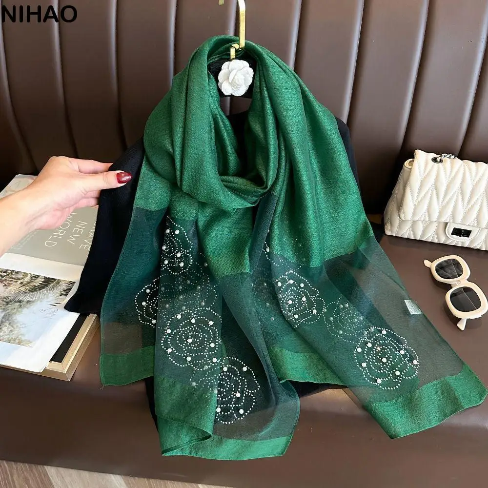 Pearl Korean Flower Embroidery Scarf Elegant Rhinestone Thin Silk Scarf Luxury Rose Women Hijab Shawls Female