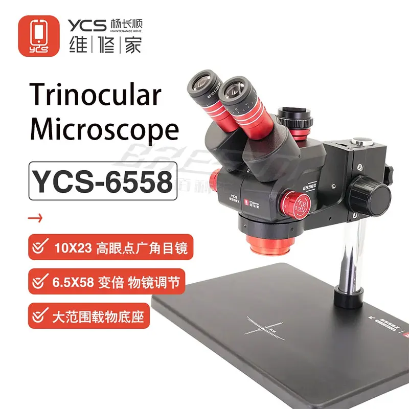 YCS-6558 Ultra HD Trinocular Microscope With Extra Large Base 6.5-58 Zoom for Mobile Phone Motherboard PCB Welding Microscope