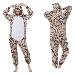 Kawaii Fashion Leopard Printed Hooded Pajamas Unisex Cartoon Animal One-piece Sleepwear Couple Onesie Long-sleeved Warm Homewear