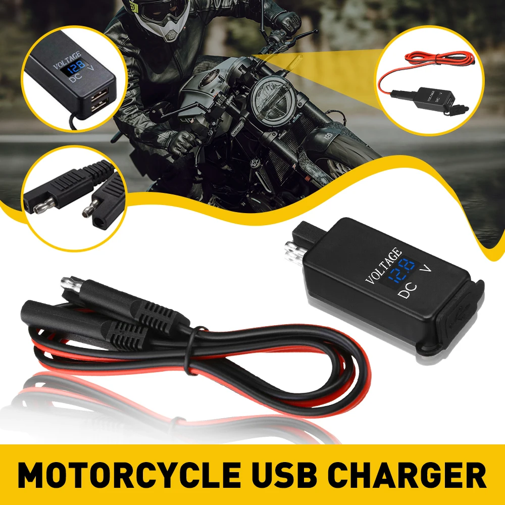 QC3.0 Motorcycle 2 USB Fast Charger Waterproof With Voltmeter Digital Charge SAE to USB  Motorbike Inline Fuse Power Supply