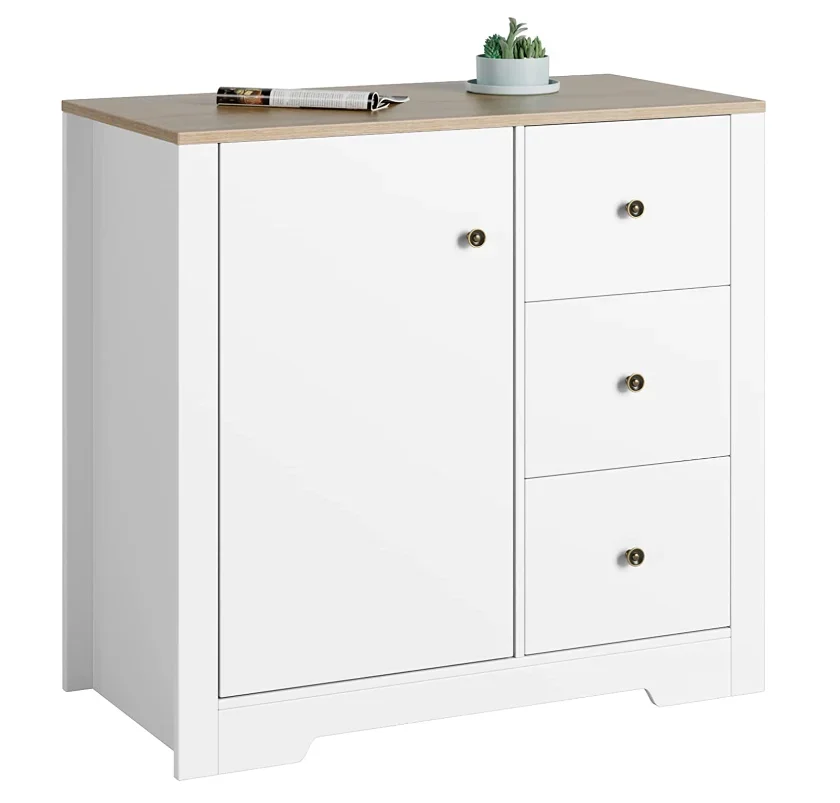 Modern White Cabinet with Door & 3 Drawers Wood Kitchen Sideboard Cabinet Base Cabinet Living Room Furniture