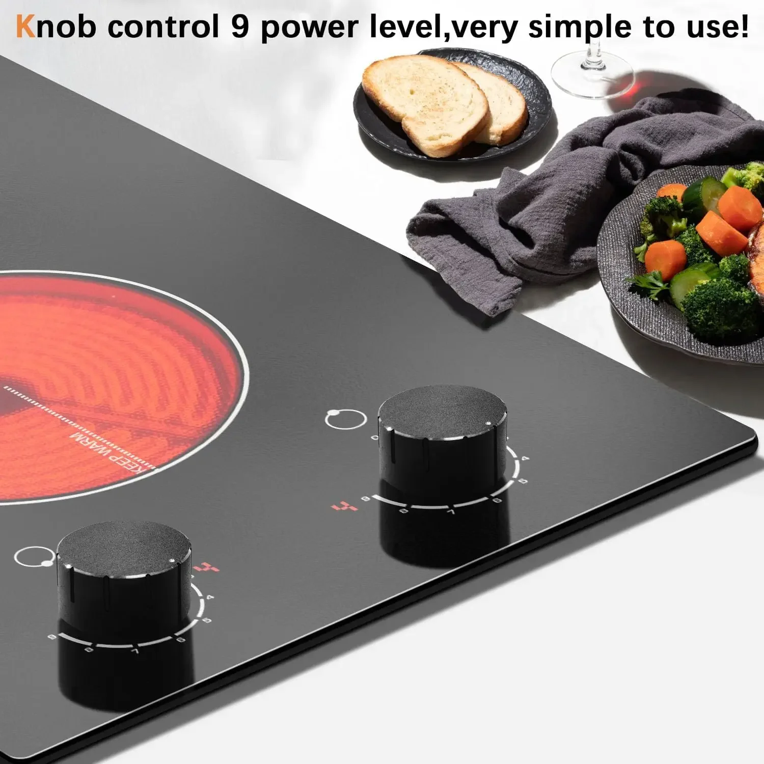 110V Electric Cooktop 2 Burners Electric Stove 12 Inch Knob Control Countertop & Built-in Ceramic Cooktop, 9 Heating Le