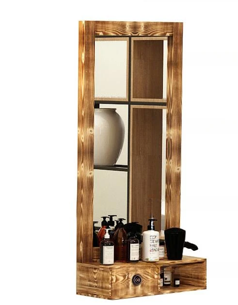 

Barber's dressing table mirror solid wood retro dressing table single side low clearance wall hanging hair salon special