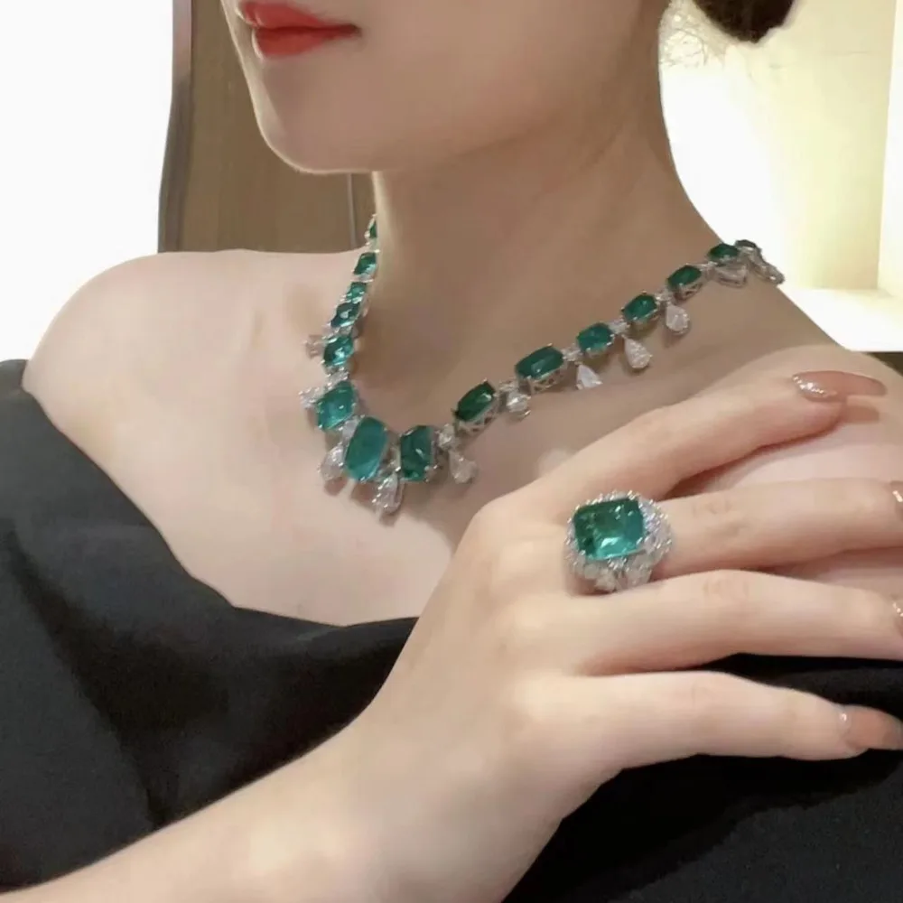 925 Silver Lab Emerald Tourmaline High Carbon Gemstoen Sweater Necklaces for Women Luxury Vintage Chokers Wedding Party Jewelry