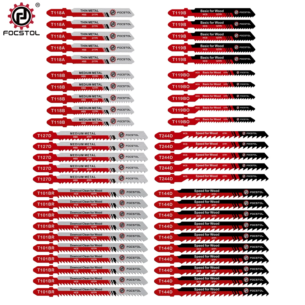 FOCSTOL Stichsägeblätter-Set HSS, verschiedene T-Schaft-Ersatz-Stichsägeblätter zum Schneiden von Holz, Kunststoff und Metall