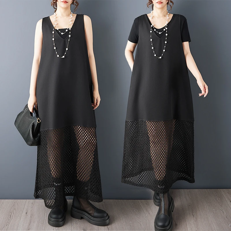 

Slimming Effect Fishnet Splice Casual Summer New Style Loose Fashion Dark Style Simple Atmosphere Vest Dress Women's Clothing