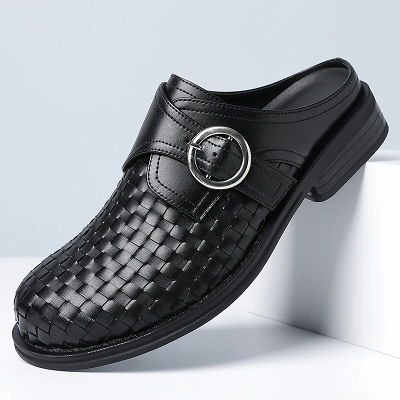 

Woven Mules Loafers Slippers Men Half Shoes for Man Leather Wide Toe Slip On Sneakers Open Back Casual Shoes Slides Sandals 2026