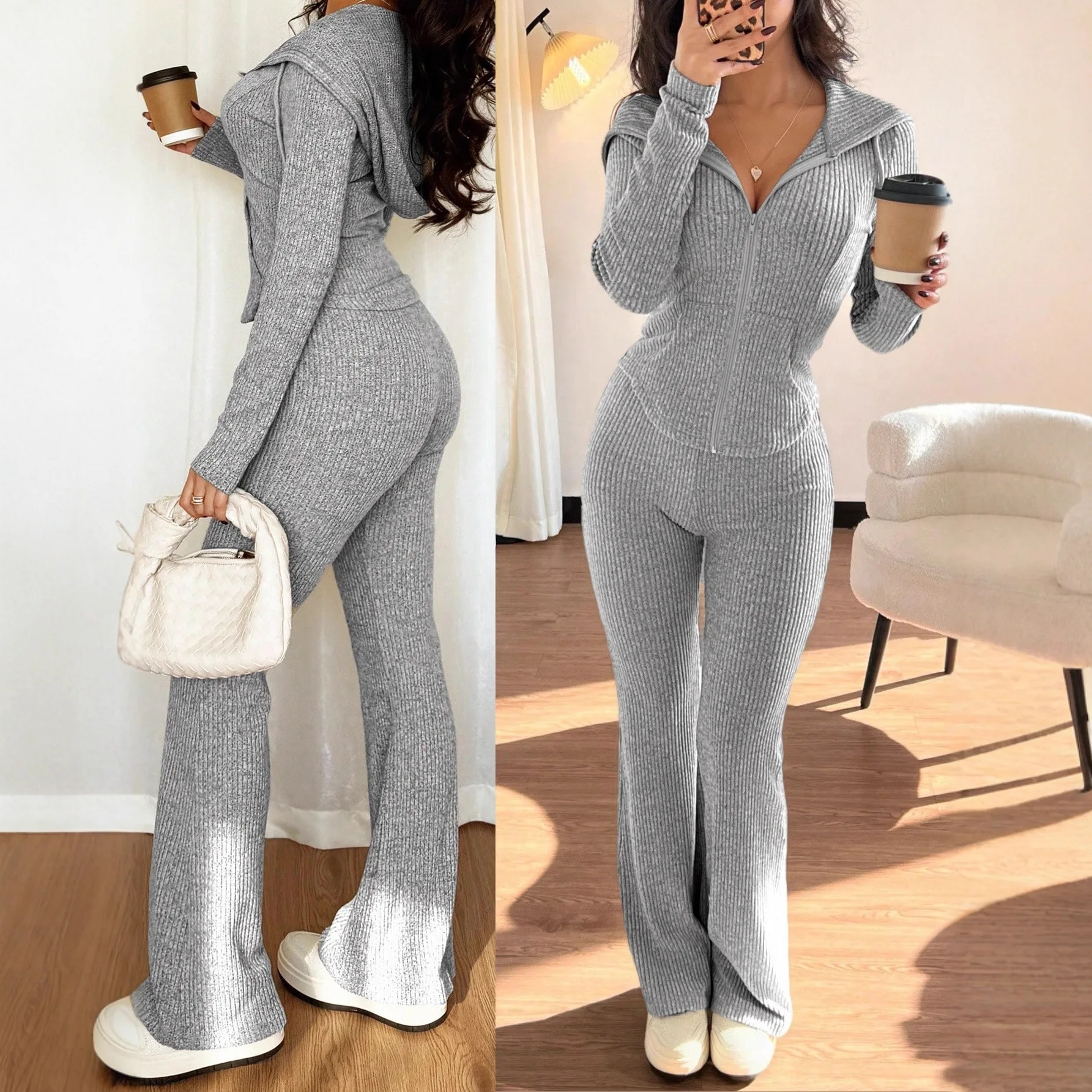 2025 الخريف اليومية بدلة نسائية غير رسمية المألوف بلون سستة سترة مقنعين بنطلون مريح سليم قطعتين مجموعة #3