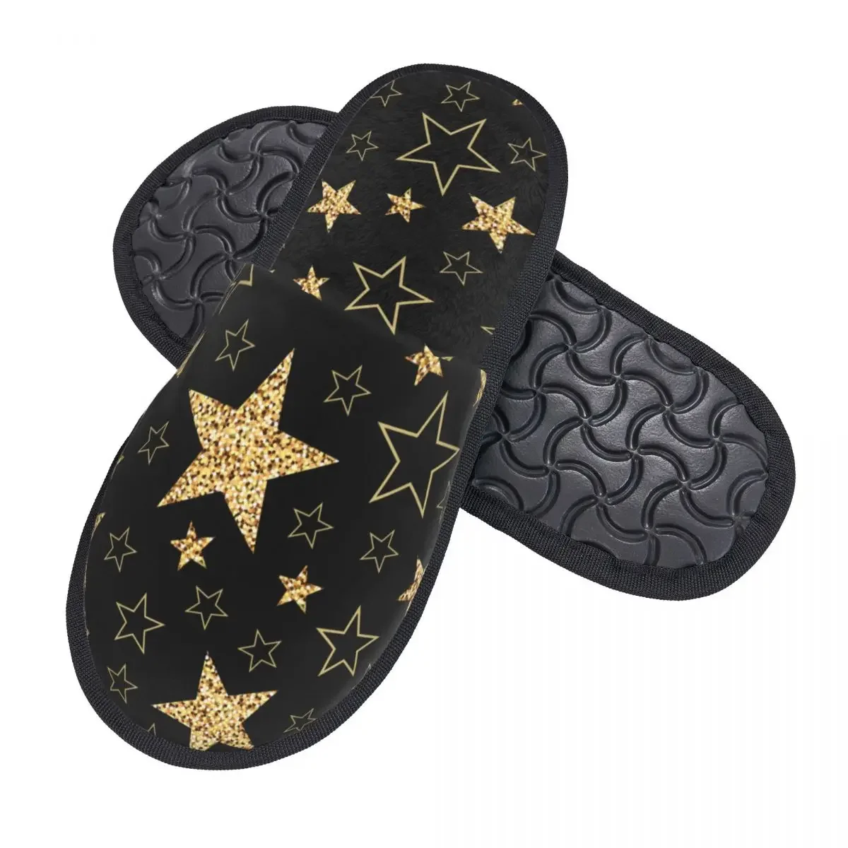 Winter Slipper Woman Man Fashion Fluffy Warm Slippers Golden Stars Black Background House Slippers Funny Shoes