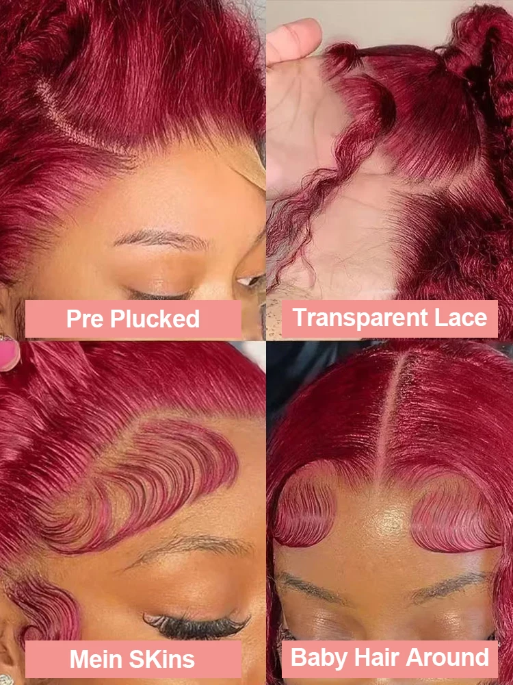 99J Burgundy Curly Wigs 13x6 HD Lace Front Human Hair Wig Pre Plucked 250% Brazilian Transparent Deep Wave Frontal Wig 30 38 Inch Red Wine Colored Water Wave Human Hair Wigs For Women image 2
