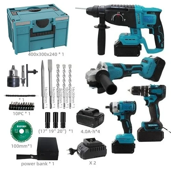 

Factory Wholesale Power Tool Set 21V Brushless Li-ion Battery Cordless Drill Hammer Wrench Electric Tool Set with 4 Battery