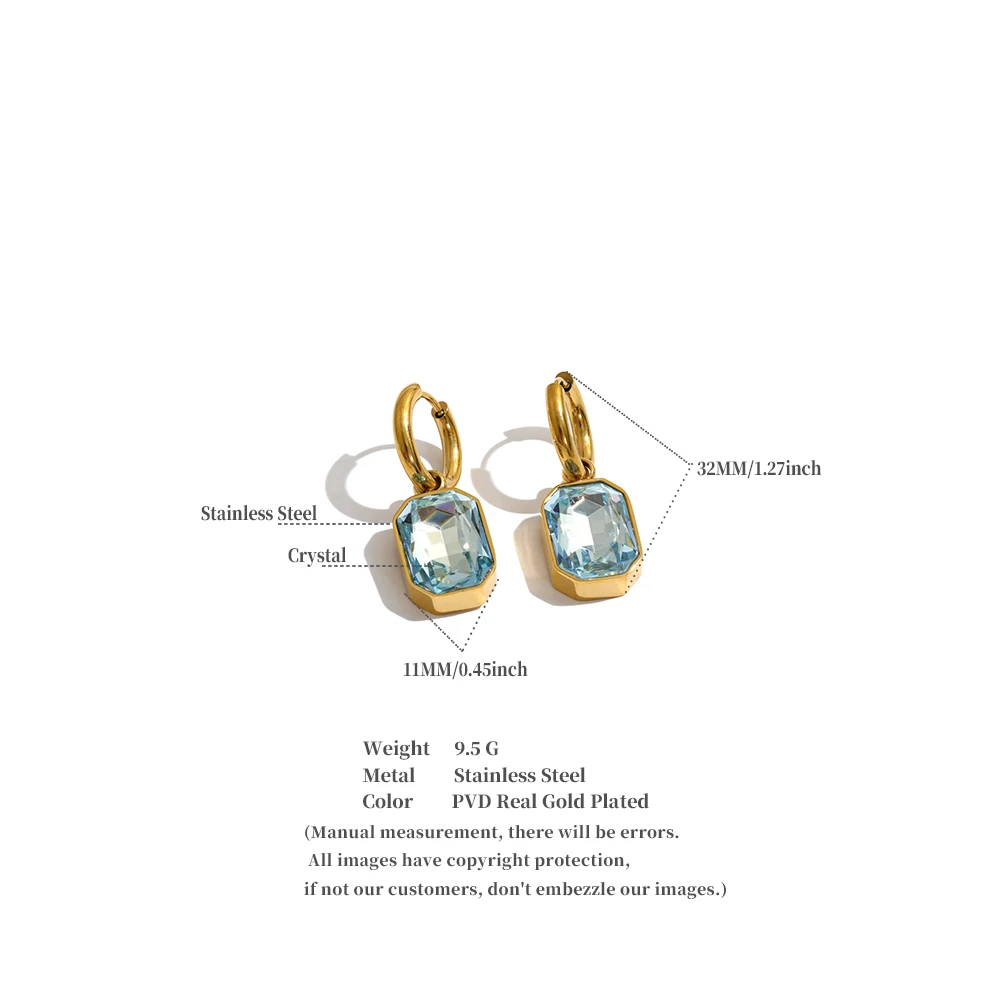 Yhpup Edelstahl-Creolen Grün Rosa Blau K9 Kristall Rechteckige Hängeohrringe Ästhetischer Goldener Damenschmuck – Detail 1