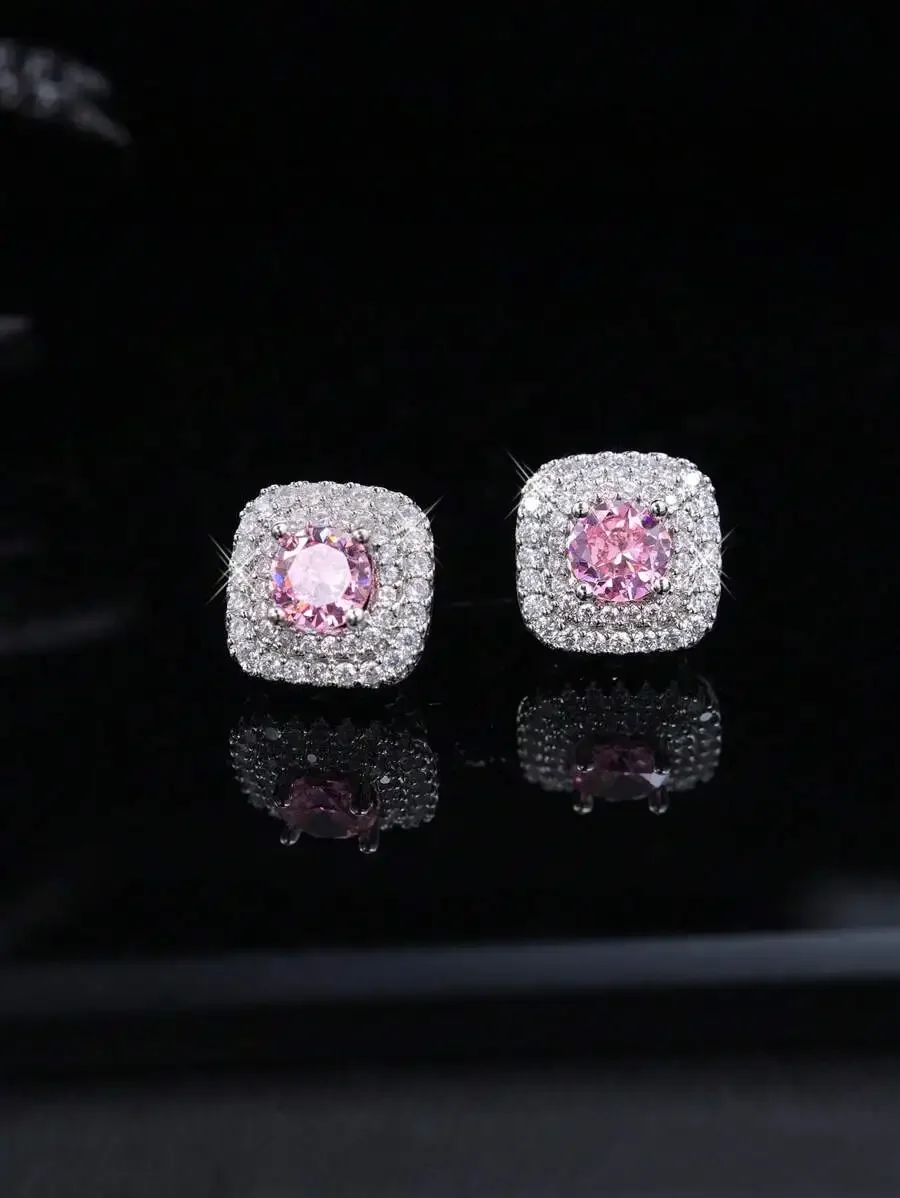 

2pcs Pink Cubic Zirconia Square Halo Stud Earrings For Women, Fashion Jewelry Gift For Birthday Or Anniversary