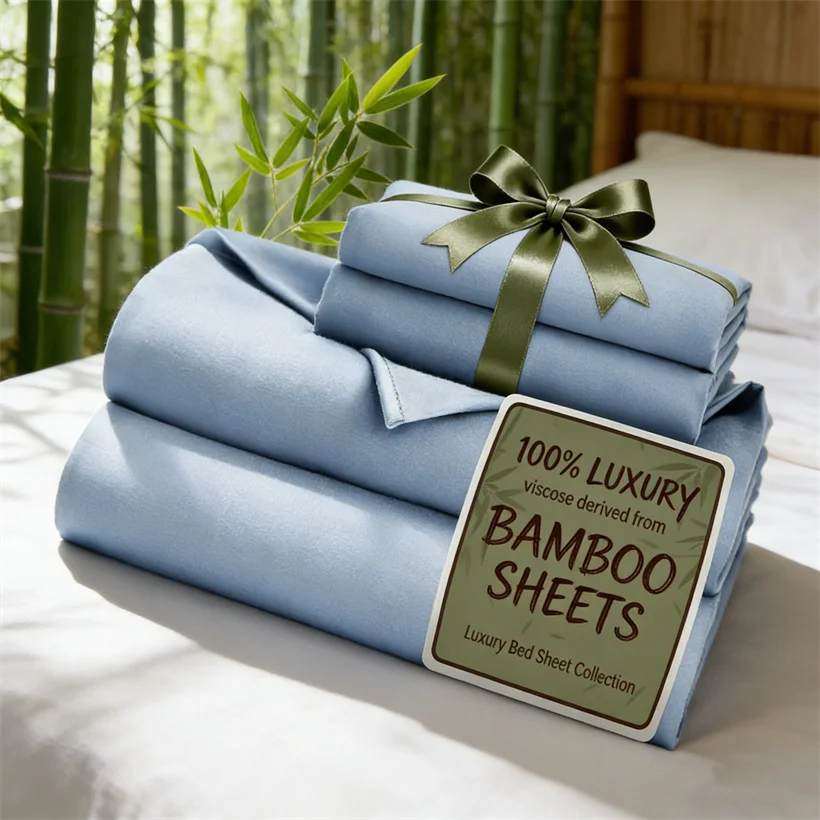 4/6 Pieces Bamboo Bed Sheet Set Soft Cooling Fitted Sheet Flat Bed Sheets Bedsheet Pillowcase Pure Bamboo Bedding Set Breahable
