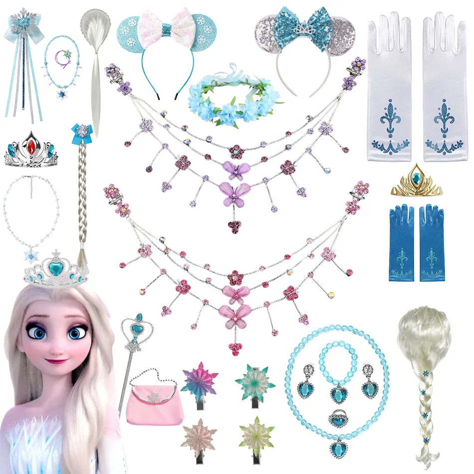 Disney Girl Princess Accessories Frozen 2 Elsa Wig Magic Wand Necklace Gloves Earring Handwear Suit Queen Children Cosplay Props