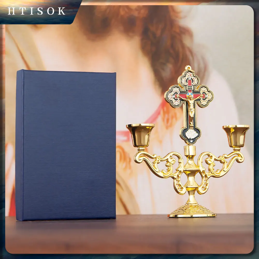 HTISOK Orthodoxer Kreuz-Kerzenhalter, Jesus-Kerzenhalter, vergoldeter Kerzenhalter aus Zinklegierung, Kirchenbedarf, religiöses Geschenk – Detail 1