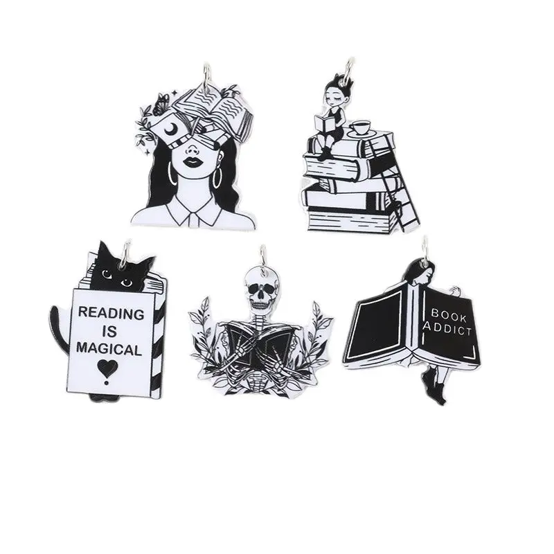 10Pcs Love Books Girl Charms Acrylic Skull Black Cat Jewelry Findings Earring Pendant Necklace DIY Making Accessories