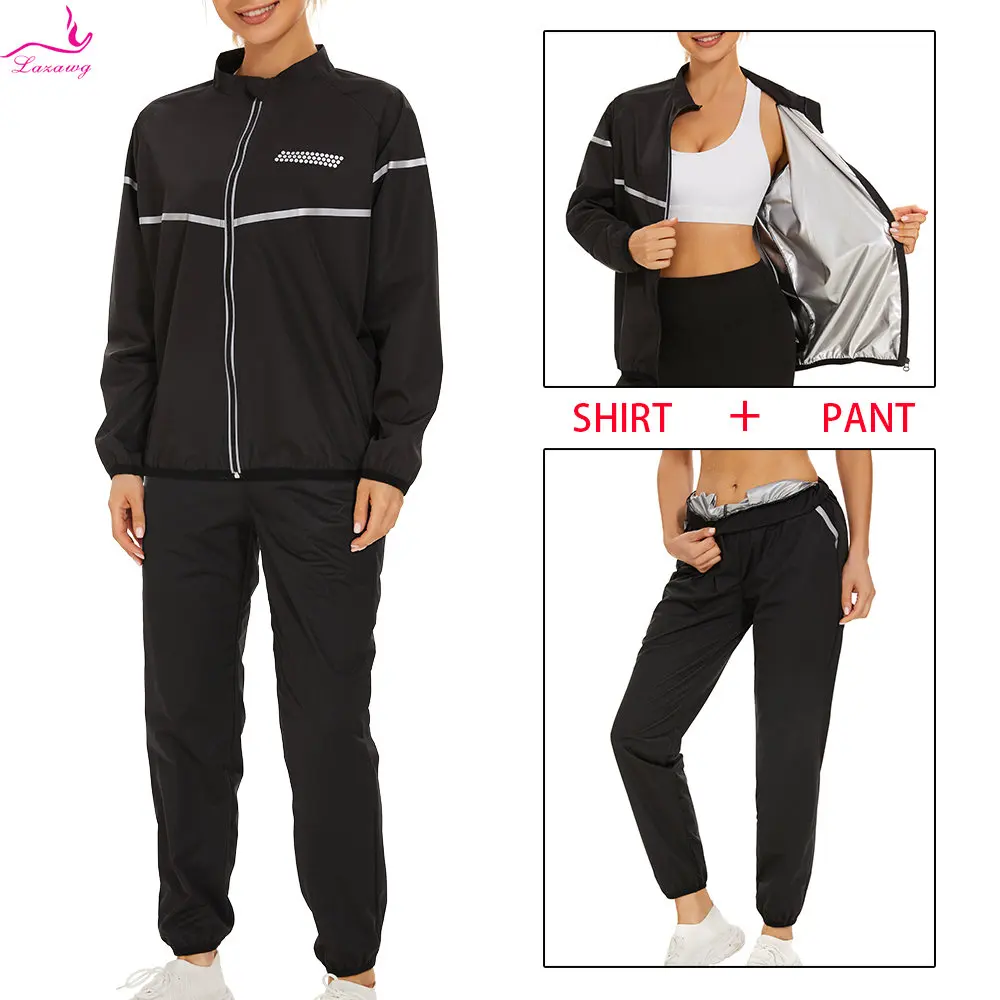 LAZAWG Sauna Set for Women Weight Loss Suit Fitness Top Pants Sweating Jacket Leggings Ladies Body Shaper Workout Sport Gym