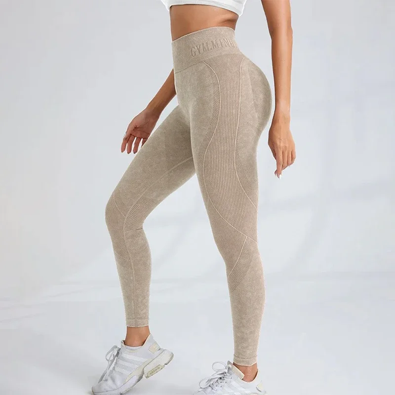 Frauen Nahtlose Turnhalle Hohe Taille Yoga Hosen Hüfte Heben Outdoor Sport Enge Taille Brief Sand Gewaschen Hosen Übung Yoga Leggings – Detail 8