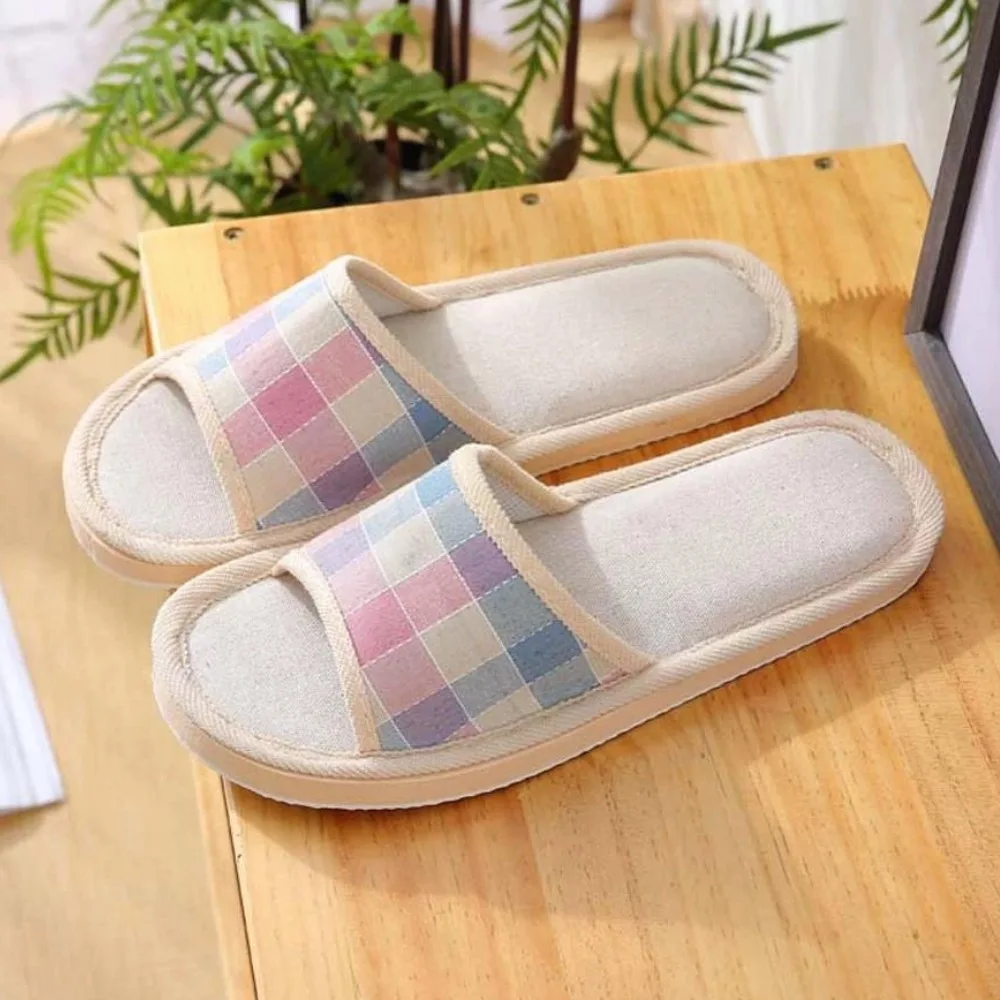 House Slippers For Women Fashion Checkered Slippers Breathable Flax Open‑Toe Slipper Non‑Slip Lightweight Indoor Bedroom Slipper