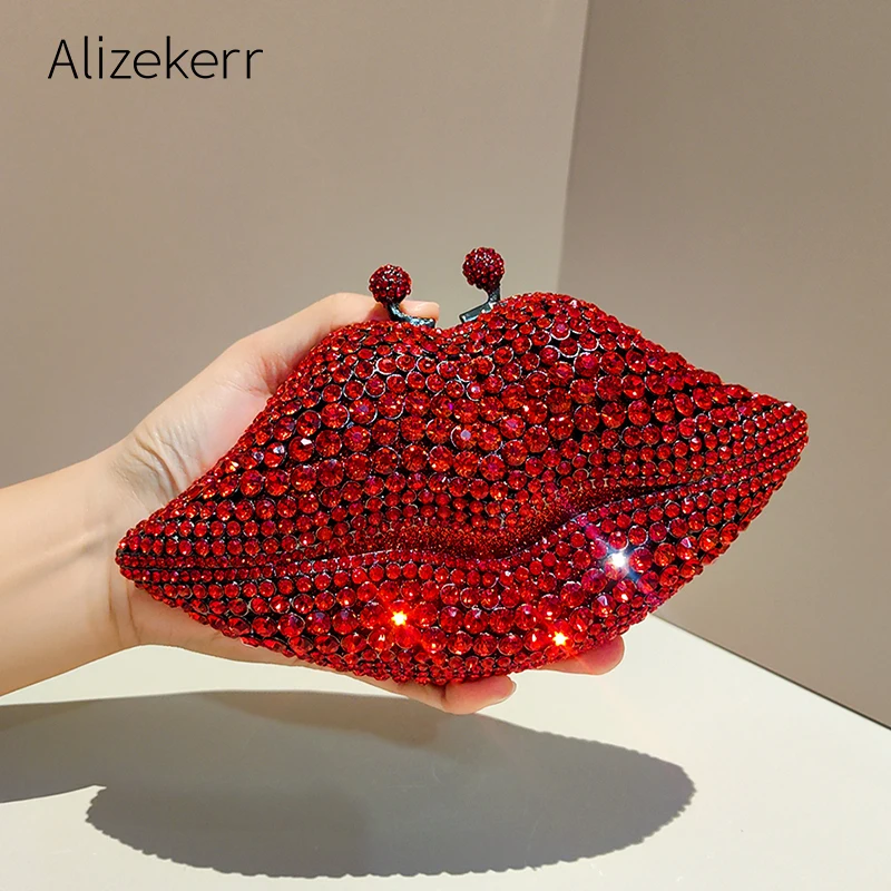 

Alizekerr Lips Shaped Diamond Evening Bags Women Gorgeous Boutique Unique Rhinestone Metallic Purses And Handbags Wedding Party