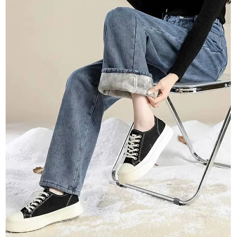 

Luxurious Women's Jeans Fall Winter High Slimming Wide Leg Denim Pants Fleece Lining Warmth Soft Comfortable Feel