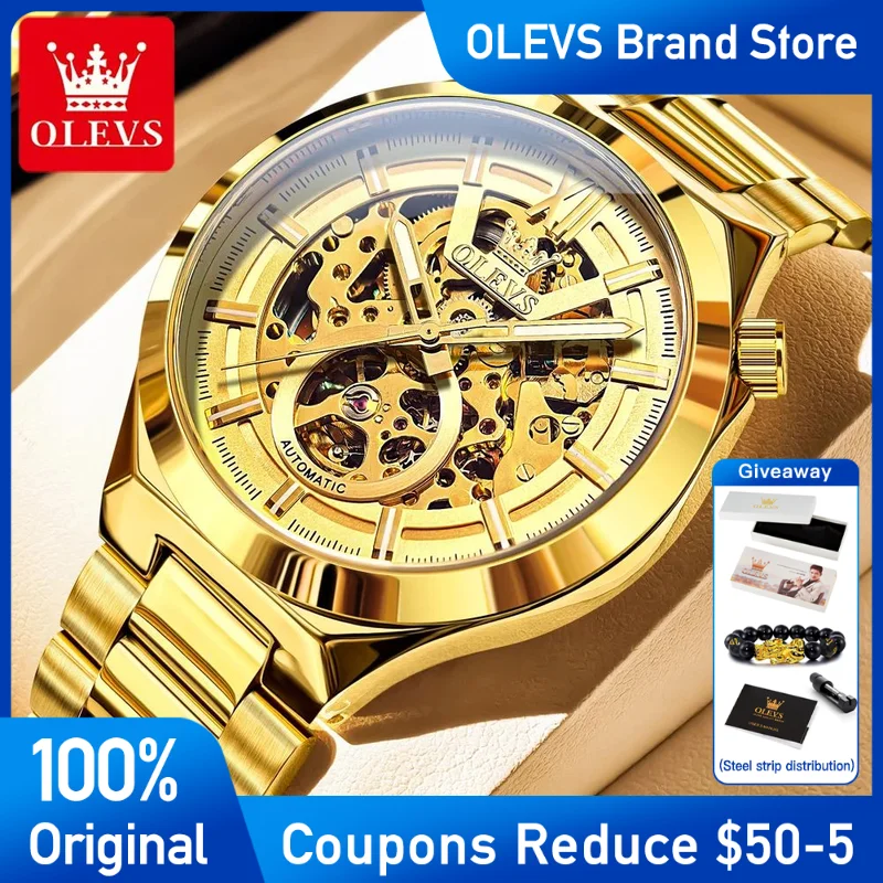 

OLEVS 6722 Men's Watch Golden Original Skeleton Automatic Mechanical Watch Stainless Steel Waterproof Watch Luxury brand Reloj