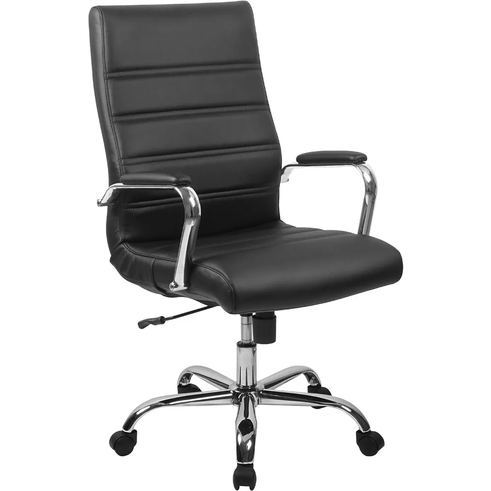 Whitney High Back Desk Chair - Black LeatherSoft Executive Swivel Office Chair with Chrome Frame - Swivel Arm Chair