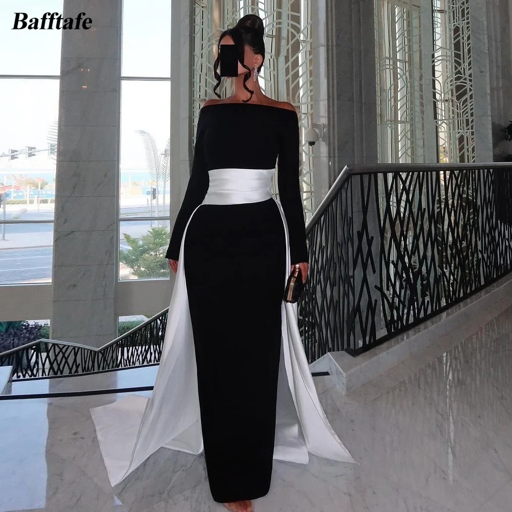 

Bafftafe Black Mermaid Saudi Evening Dresses For Women Customized Prom Dress Long Sleeves Ivory Train Formal Party Gowns 2025