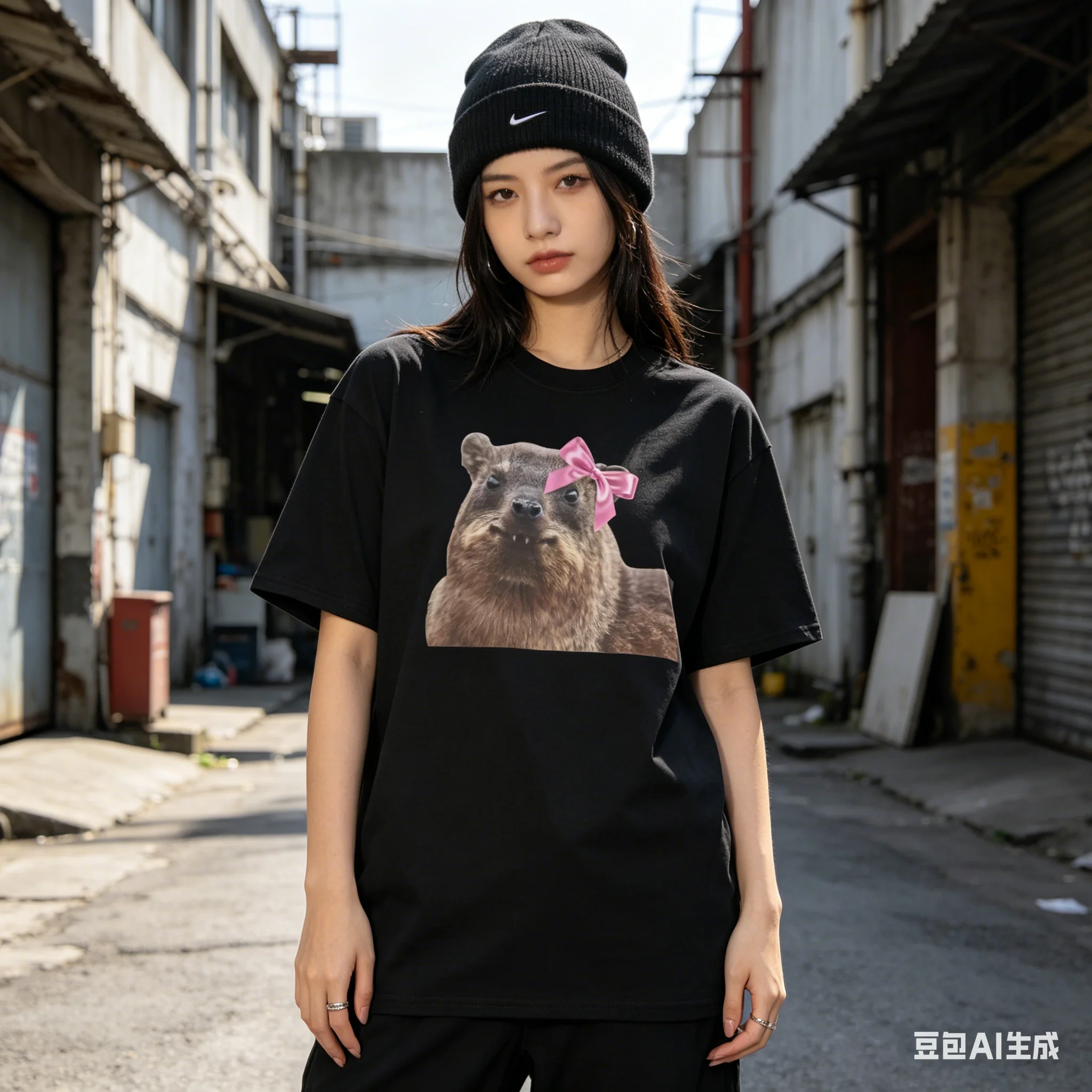 Women's Hyrax Awawa T-shirt with A Cute Round Neck and Rabbit Pattern, Featuring A Short-sleeved Top with A Bow Tie.Personality