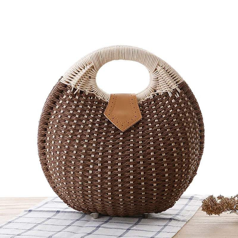 Fashion Rattan Women Handbags Round Shell Shaped Straw Hand Bags Handmade Weave Summer Beach Bag Cute Small Purses for Vacation