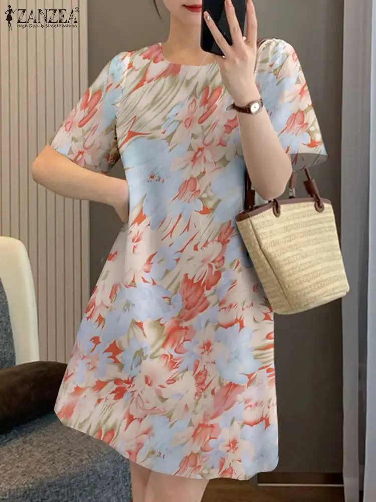 

ZANZEA Summer Holiday Bohemian Vestidos Floral Print Mini Dress Women Beach 2024 Fashion Loose Round Neck Short Robes Oversiezd