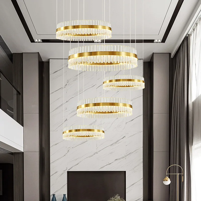 Duplex living room, light luxury crystal chandelier, post-modern simple villa, high-rise middle floor, spiral staircase, long ch