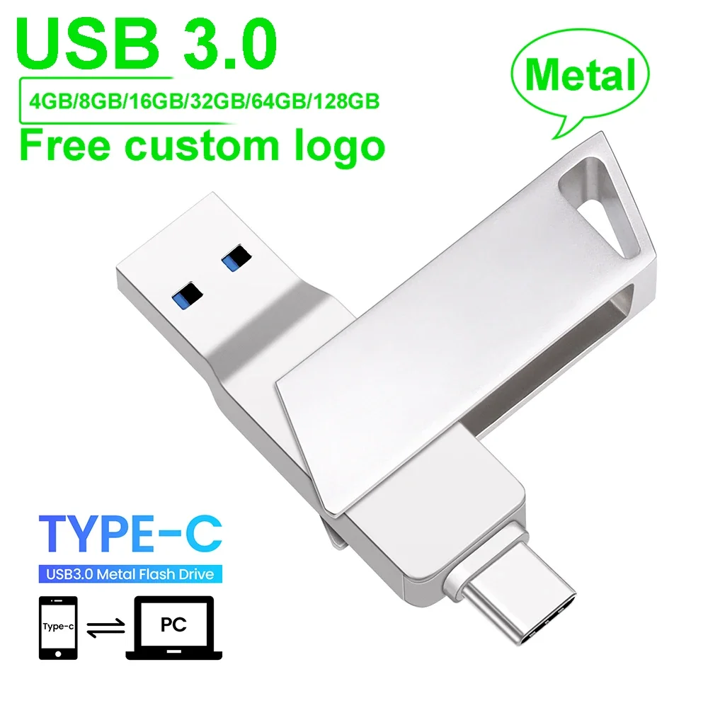 TYPE-C 2 in 1 USB 3.0 Flash Drive 256GB 128GB High Speed for Computer Cell Phone USB Silver Metal Rotatable Pen Drive 64GB 32GB