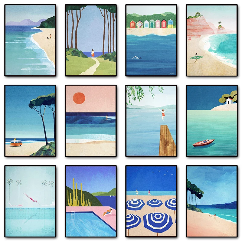 Abstract Seascape Surfing Beach Girl Open-Water Swim Coastal Landscape Poster Canvas Painting Wall Art Pictures Home Decor