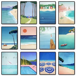 Abstract Seascape Surfing Beach Girl Open-Water Swim Coastal Landscape Poster Canvas Painting Wall Art Pictures Home Decor