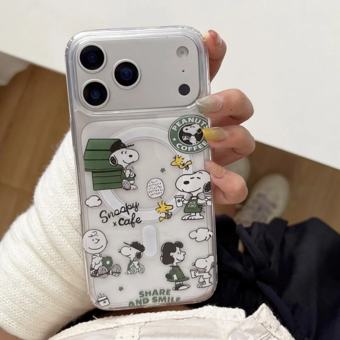 

Full Screen Snoopy Coffee Green Magnetic Grip Holder Magsafe Wireless Charge Phone Case For iPhone 17 16 15 14 13 Pro Max Cover
