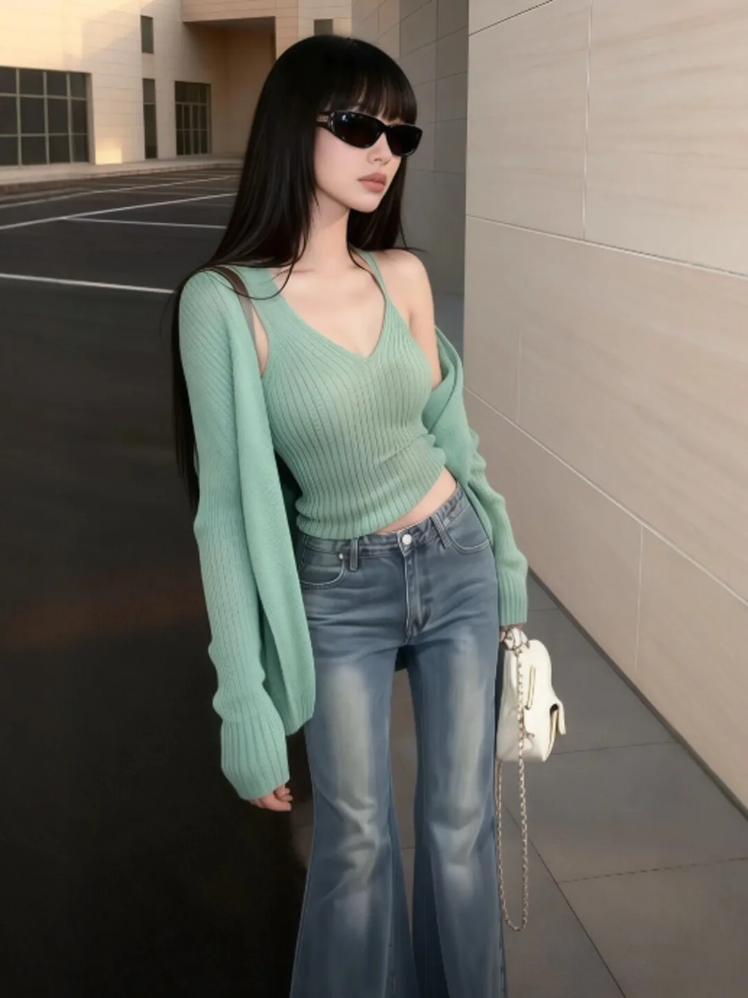 

Laid-ba Sle Unique Knitted Cardigan V-ne Two-piece Set Clete OOTD Spring 2026 Comfortable Long Sve Cotton Blend