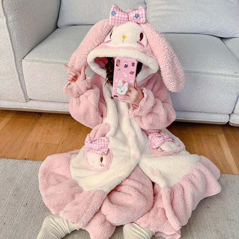 Winter Children's Cinnamoroll Nightgown Coral Velvet Pajamas My Melody Girls Plus Velvet Thicken Home Clothes Suit Warm Bathrobe