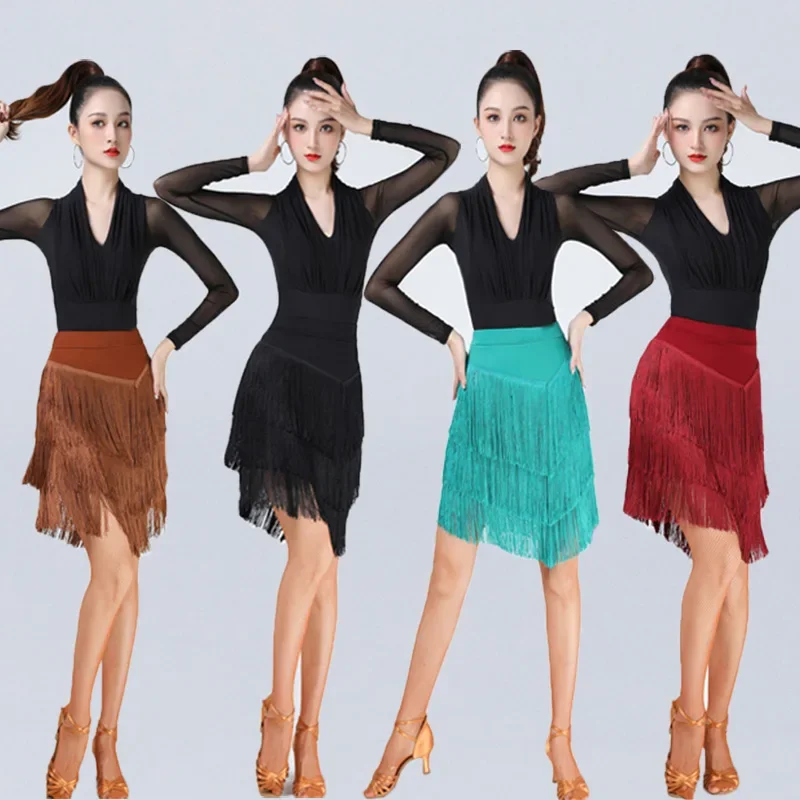 

Adult Latin Dance Skirt Women's Dance Performance Costume Adult Three-layer Tassel Irregular Short Skirt Modern Dance Costume