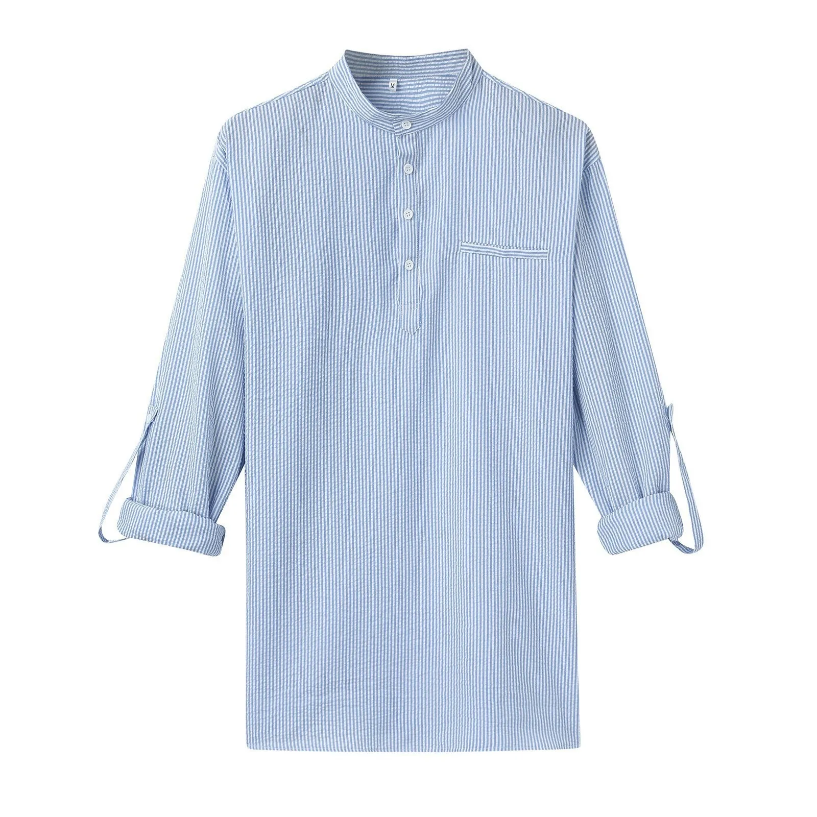 

Summer Women Seersucker Striped Shirts Casual Elegant Stand Collar Button Shirt Long Sleeve Female Blouse Tops Clothing