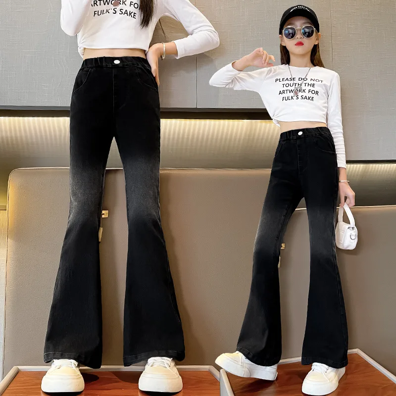 New Spring Girls Jeans For Teenager Girl Denim Material High Waist Split Trousers Flare Pants Children Clothes For 5-16 Years