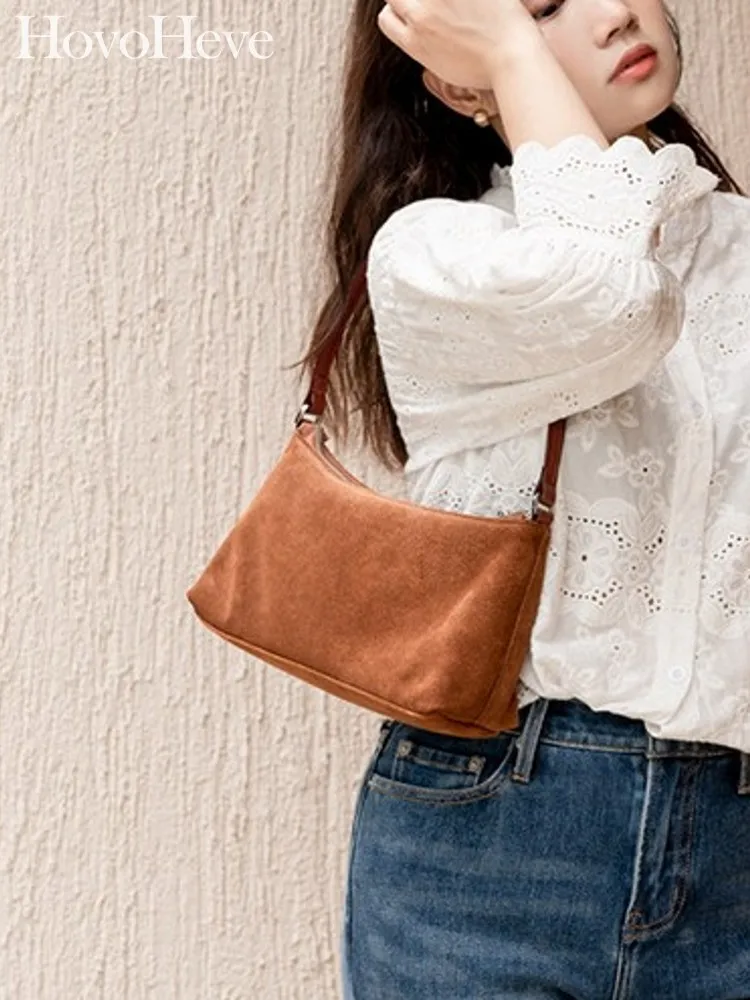 

Fashion 2025 New Retro Womens Office Genuine Leather Softshell Shoulder Bag Casual Suede Leather Zipper Strap Crossbody Bags