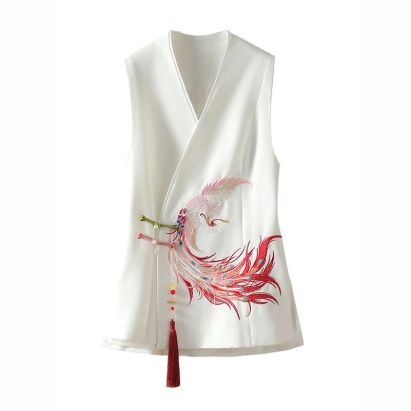 Temperament National Wind Vest Female Spring White Vest 2024 Heavy Industry Phoenix Embroidery Chinese-Style Waistcoat Female